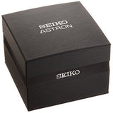 Seiko Astron SSJ039J1 solar GPS watch with black dial and stainless steel bracelet, showcasing the time display and sleek design.
