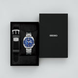 Seiko Prospex HBB002K1 diving watch with stainless steel band and black dial, displayed in its box.