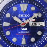 Seiko Prospex HBB002K1 diver's watch with stainless steel band and blue dial, featuring a rotating bezel and luminous markers.