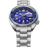 Seiko Prospex HBB002K1 diver's watch with stainless steel band, black dial, and rotating bezel, showcasing a sporty, durable design.