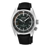 Seiko Prospex HBC004J1 diver's watch with black dial, stainless steel bracelet, and rotating bezel, displayed on a white background.
