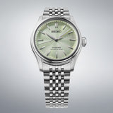 Seiko Presage HCC002J1 wristwatch with stainless steel case, white dial, and leather strap, showcasing elegant craftsmanship.