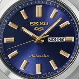 Seiko 5 SRE021K1 stainless steel wristwatch with black dial and luminous hands, showcasing a classic design and date display.