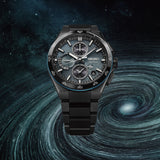 Seiko Astron SSH187J1 solar GPS watch with stainless steel bracelet and black dial, showcasing sleek design and advanced features.