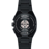 Seiko Astron SSJ039J1 GPS solar watch with black dial, stainless steel band, and digital-analog display.