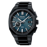 Seiko Astron SSJ039J1 solar GPS watch with stainless steel band and black dial, showcasing advanced timekeeping features.